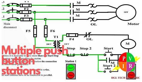 Multiple push button stations. Three wire control multiple stations