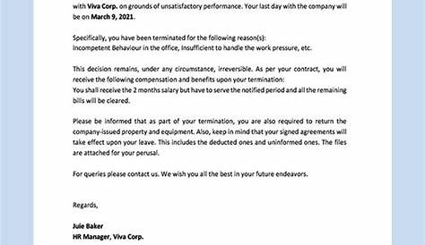 sample termination letter to employee for poor performance