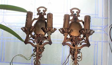 Antique Electric Wall Sconces Pair Double Light Gothic Revival Style