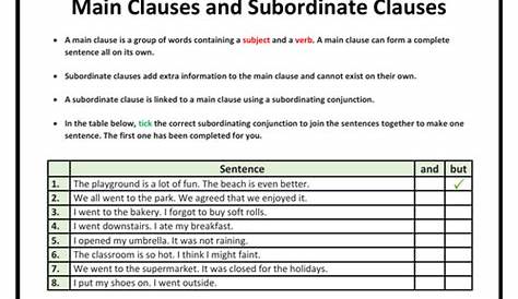 main and subordinate clause worksheet