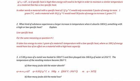 Specific Heat Worksheet Answers