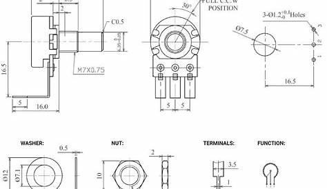 B10K 16mm Potentiometer, Round Shaft, Right Angle PCB Pins – Guitar