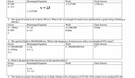 wave velocity calculations worksheets answer key