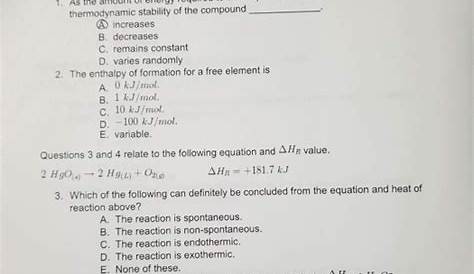 Solved 3 Entholpy, Entropy, and Free Energy Worksheet 12. | Chegg.com