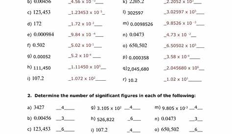 scientific notation significant figures worksheets answers