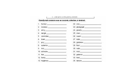 Concrete, Abstract, and Collective Nouns - Worksheet & Answer Key