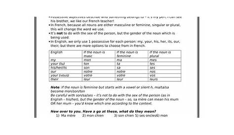 french possessive adjectives list