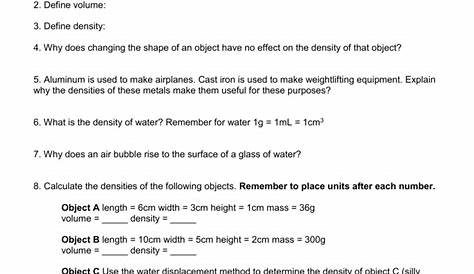 Density Calculations Worksheet Answers