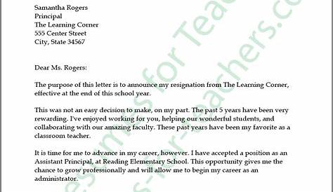 sample resignation letter teacher