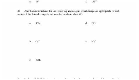 Lewis Structures, Formal Charges and Resonance Worksheet for 9th - 12th