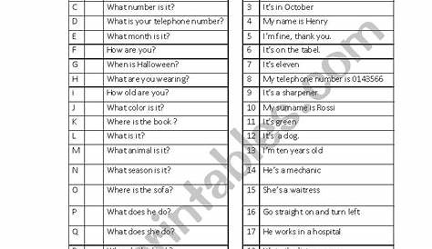 matching questions and answers worksheet