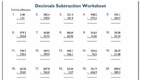 subtraction with decimals worksheet pdf