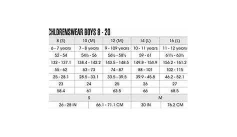 youth xl 18-20 size chart