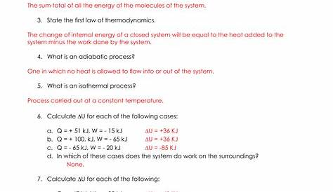 1st law of Thermodynamics Worksheet