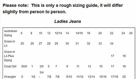 grace jeans size chart