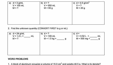 science 8 - density calculations worksheets