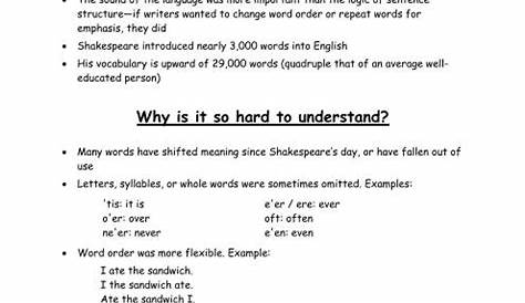 shakespeare's language worksheets