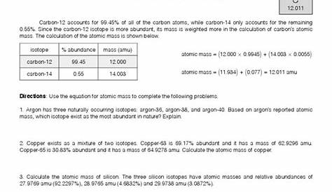 Average Atomic Mass and Percent Abundance Worksheet 2 and KEY | Isotope