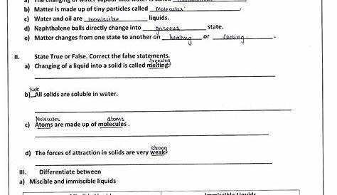 states of matter worksheets grade 7 with answers