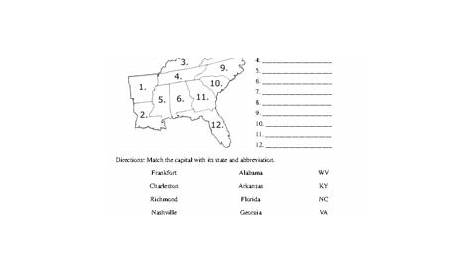southeast region states and capitals worksheets