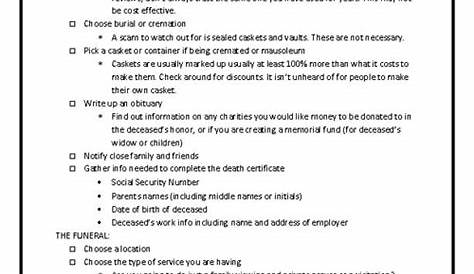 funeral planning checklist printable