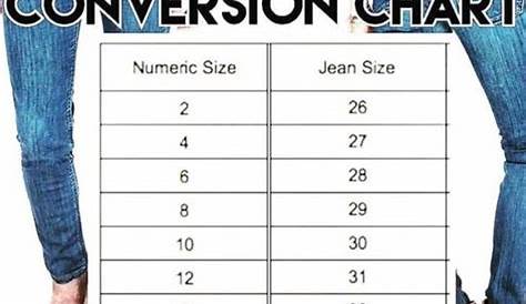 Jean Size Conversion Chart | Jeans size, Jeans size chart, Jeans size