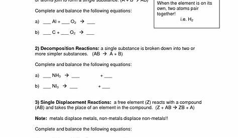 identifying types of chemical reactions worksheets
