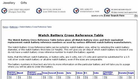 watch battery cross reference chart