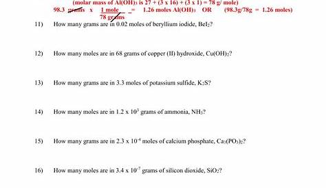 moles worksheet chemistry