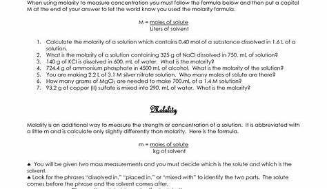 molarity molality worksheet answers