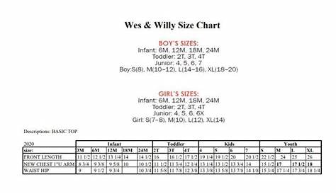 wes and willy size chart