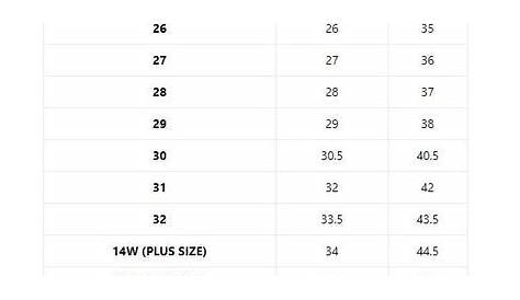 clothing size chart jeans