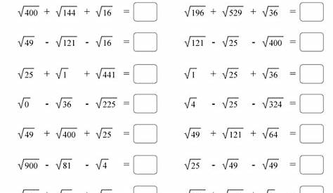 Add or subtract 3 perfect square roots math worksheet or grade 6 or 7