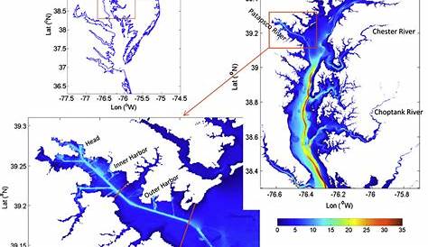 Bathymetry of upper Chesapeake Bay. The color gradient represents water