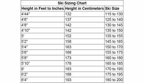 water ski size chart