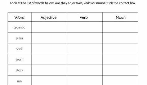 identifying nouns verbs and adjectives in sentences worksheets with answers