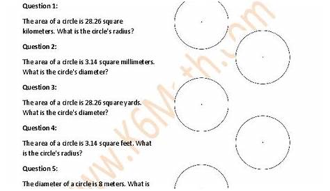 Circle Area, Perimeter and Circumference Worksheet for 5th - 8th Grade