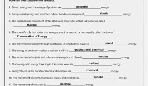 Energy Changes Worksheet Answers