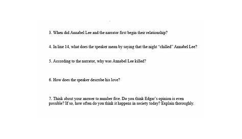annabel lee questions worksheets