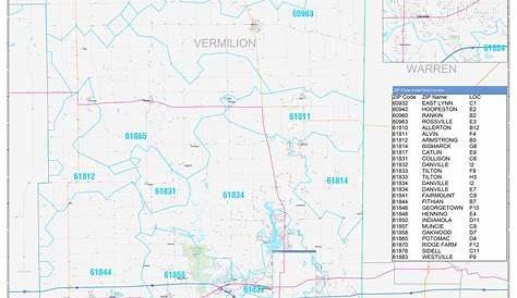 Vermilion County, IL Zip Code Wall Map Basic Style by MarketMAPS