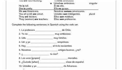 El verbo SER-Explanation and Practice 2 Worksheet for 6th - 7th Grade