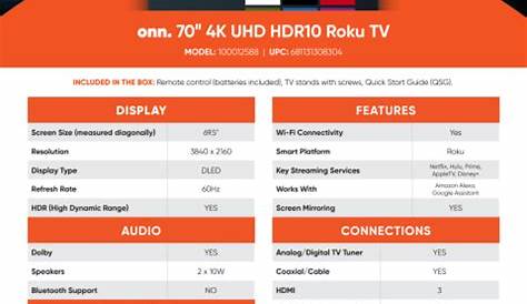 onn. 70” Class 4K UHD (2160P) LED Roku Smart TV HDR (100012588