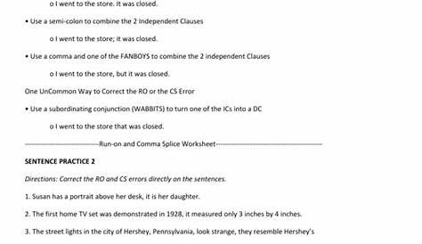 Run On and Comma Splice Worksheet