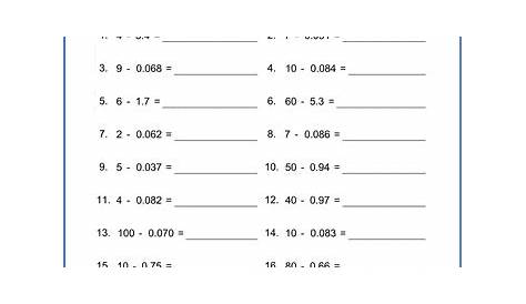 Grade 6 Addition and Subtraction of Decimals Worksheets - free