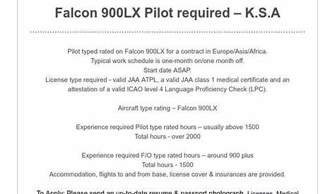 Falcon 900LX Pilot required – K.S.A | Pilot, Falcon, Work schedule