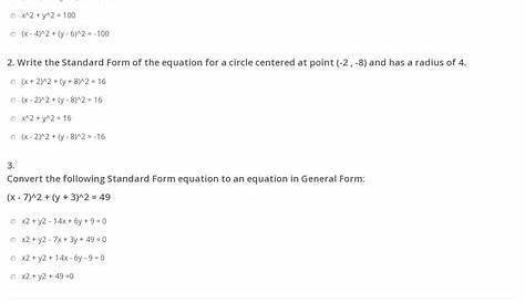 standard form equation of a circle worksheet answers
