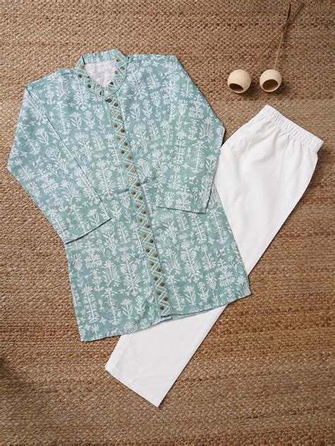 Green Printed Cotton Kurta with Pants- Set of 2