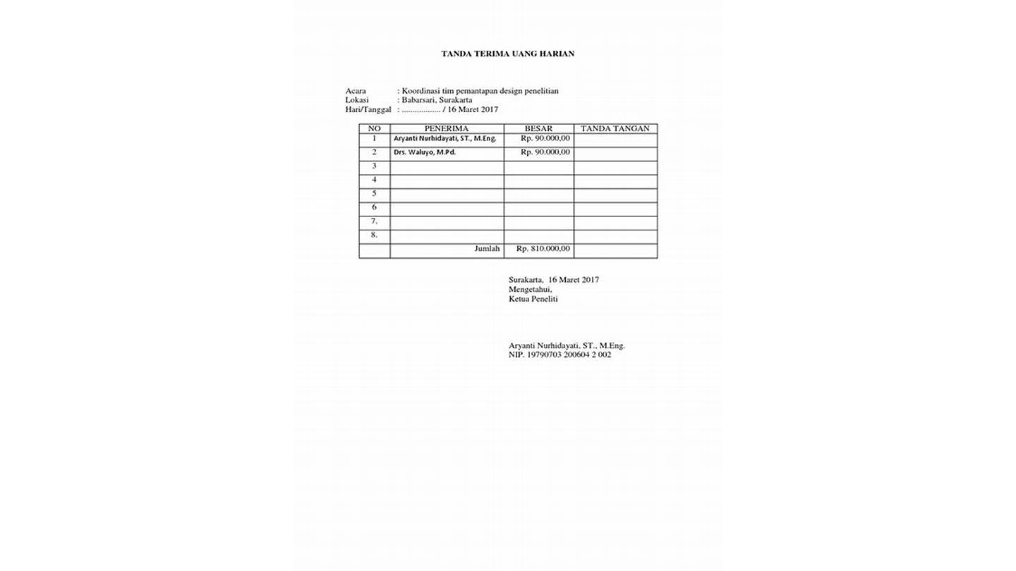 Format Tanda Terima Uang dengan Tabel