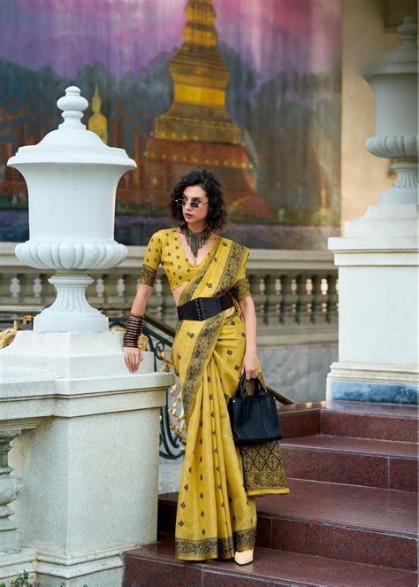Yellow Ajrakh Woven Tissue Linen Saree – Kalyanja