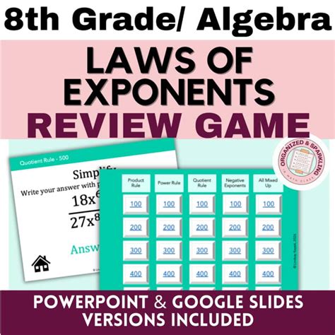 8th Grade Math & Algebra Exponent Rules/Laws of Exponents Review Activity